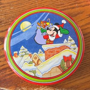 Vintage 1990s Santa Mickey & Minnie Mouse Christmas Round Tin Made in Hong Kong